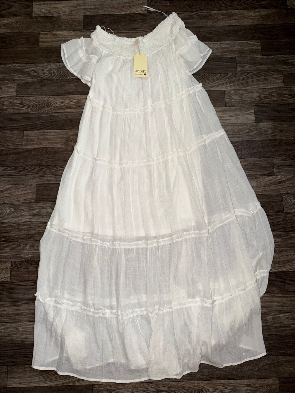 JODIFL White Tiered Off-Shoulder Maxi Dress